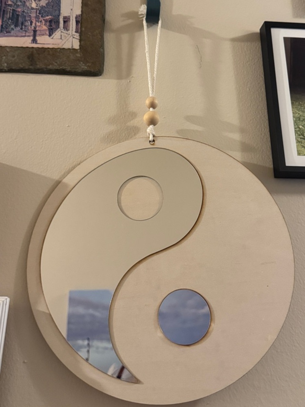 Beige Wood Yin Yang Hanging Wall Mirror
